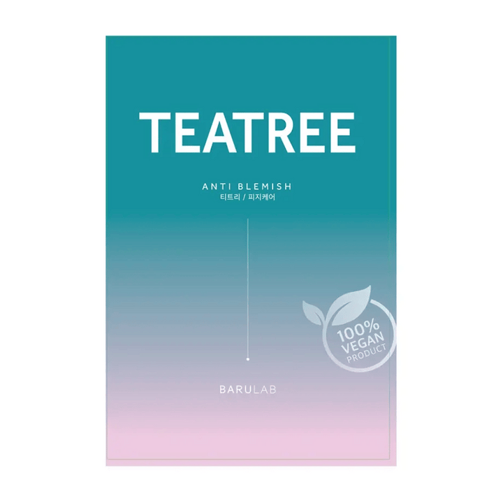 En förpackning av BARULAB "TEATREE Anti Blemish" mask, märkt som "100% Vegan Product". Förpackningen har en färggradient från turkos i toppen till ljusrosa i botten.