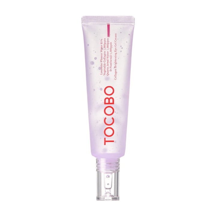 Produkten på bilden är "Collagen Brightening Eye Gel Cream" från TOCOBO. Det är en ögongel i en lila tub med vita prickar, designad för att ljusa upp och förbättra hudens utseende runt ögonen.