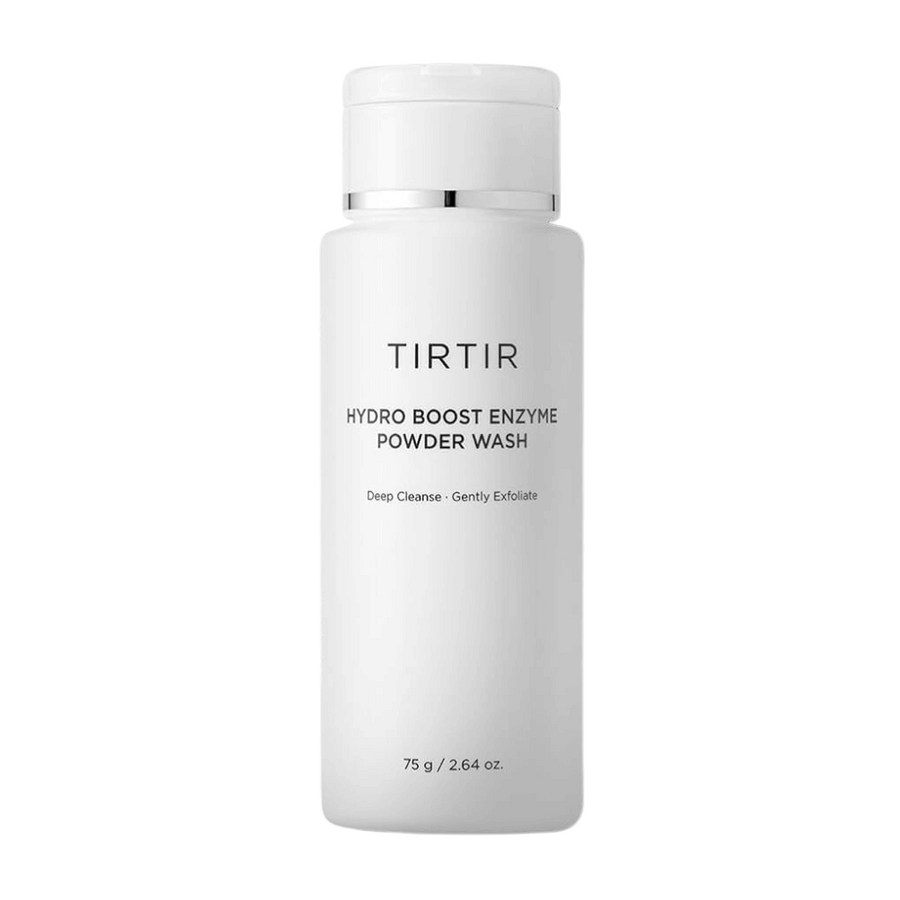 En vit, slät flaska av TIRTIR Hydro Boost Enzyme Powder Wash. Texten på flaskan beskriver produkten som ett djuprengörande och milt exfolierande ansiktstvätt. Storleken anges till 75 g / 2.64 oz.