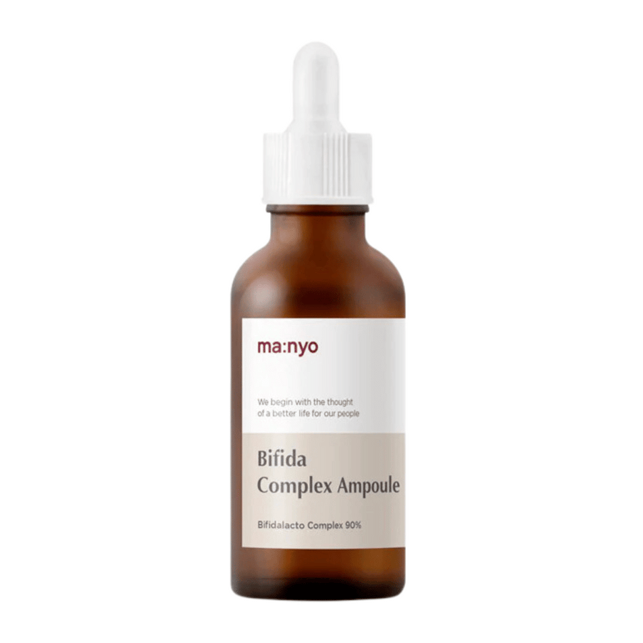 En flaska ma:nyo Bifida Complex Ampoule 50ml för anti-aging hudvård på vit bakgrund.