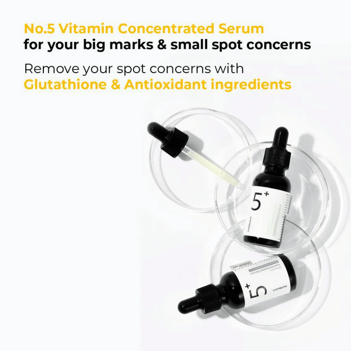 No.5 Vitamin Concentrated Serum är formulerad med glutation och antioxidanter för att bekämpa stora och små pigmentfläckar. Perfekt för att reducera ojämnheter och ge huden en klarare ton. Anpassad för daglig användning för en strålande hy!