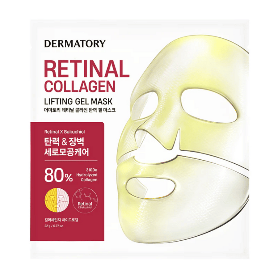 Förpackningen av Dermatory Retinal Collagen Lifting Gel Mask med en bild på en ansiktsmask i gult. Masken innehåller 80% hydrolyserat kollagen och retinal för en uppstramande och föryngrande effekt, idealisk för att ge huden spänst och lyster.