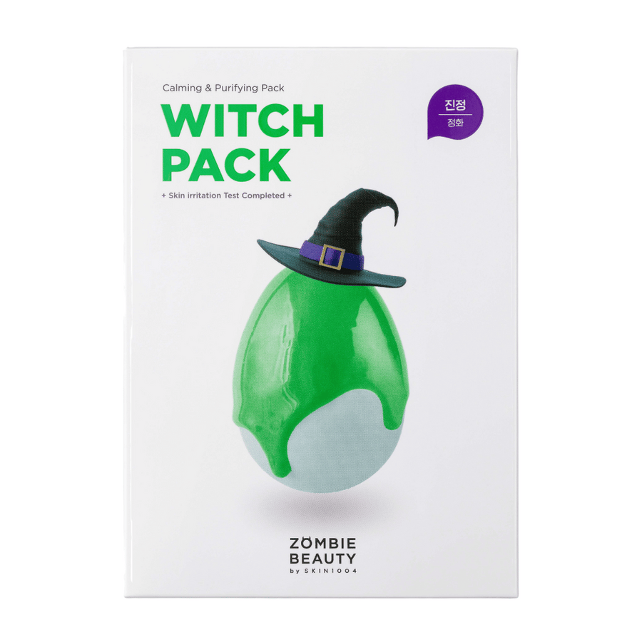 Förpackning för Zombie Beauty Witch Pack från SKIN1004. På framsidan syns en grön droppe som bär en häxhatt, med texten "Witch Pack" i grönt ovanför. Förpackningen marknadsförs som en lugnande och renande behandling, med en vit bakgrund och varumärket längst ner.